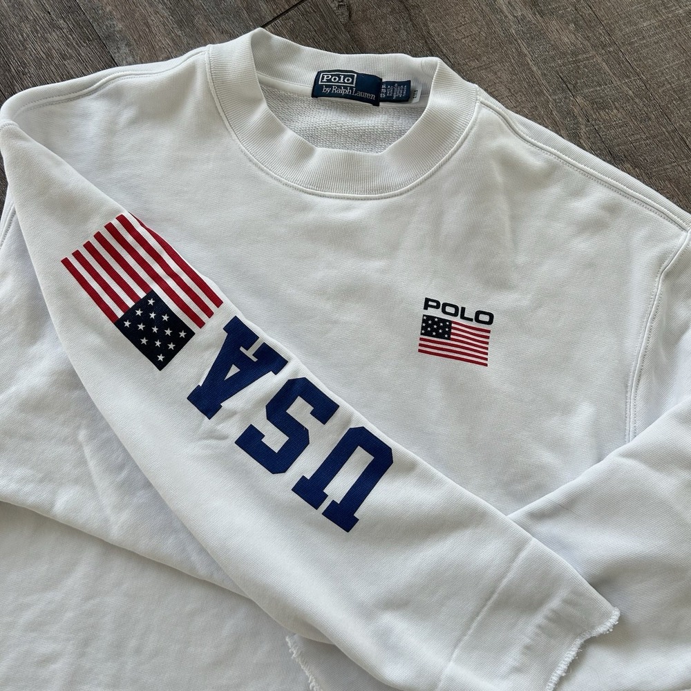 Polo Ralph Lauren USA American Flag Crewneck Sweatshirt White Mens XL Vintage